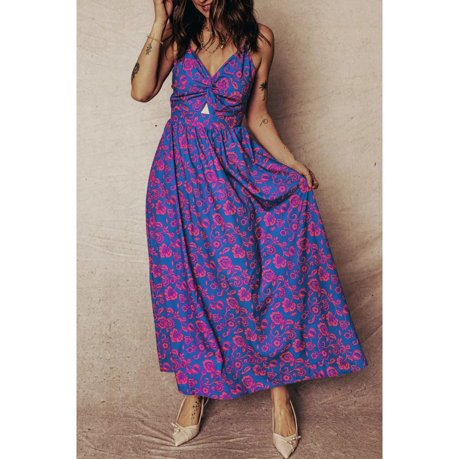Floral Print Twisted V Neck Tied Backless Maxi Dress Apparel and Accessories