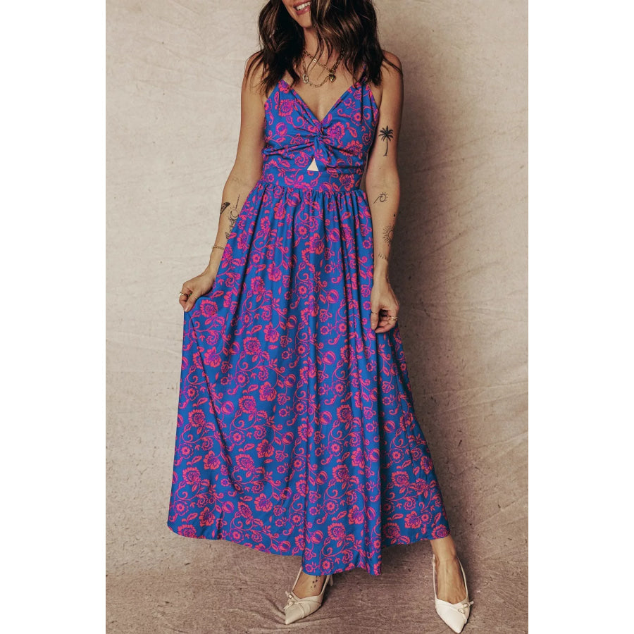 Floral Print Twisted V Neck Tied Backless Maxi Dress Purple / S Apparel and Accessories