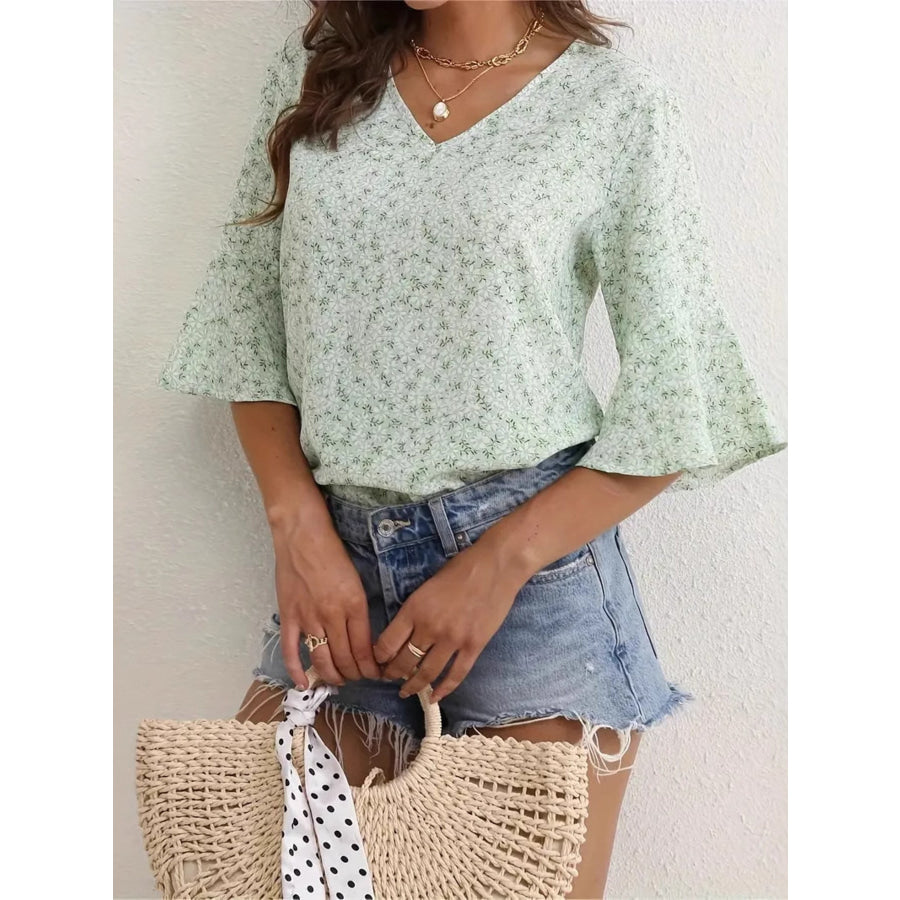 Floral Print V-Neck Bell Sleeve Blouse Apparel and Accessories
