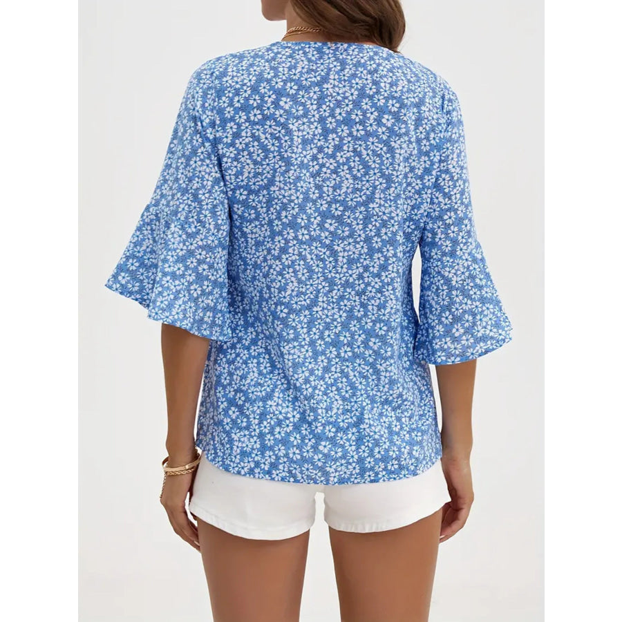 Floral Print V-Neck Bell Sleeve Blouse Apparel and Accessories
