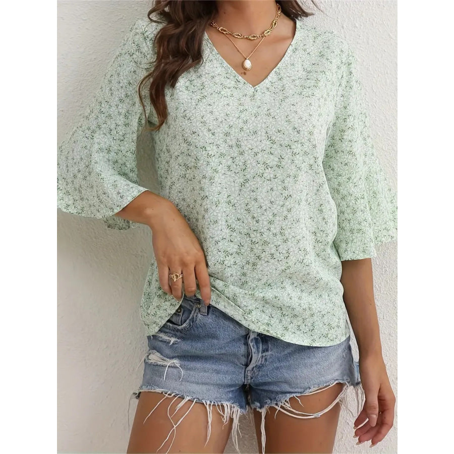 Floral Print V-Neck Bell Sleeve Blouse Apparel and Accessories