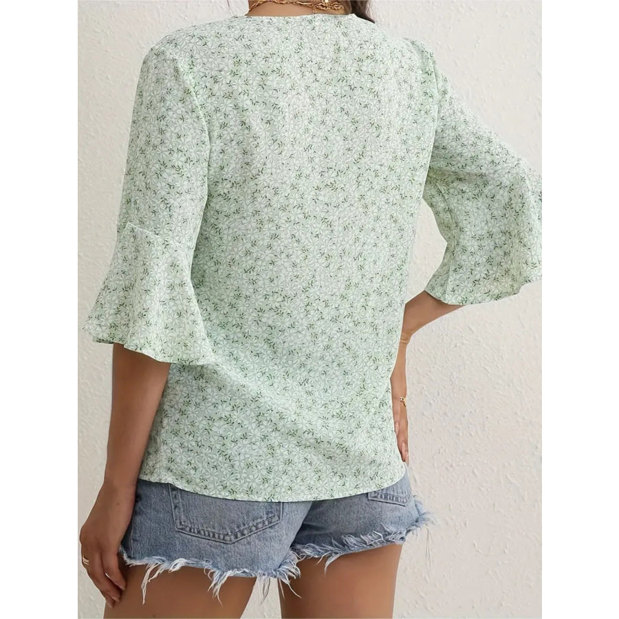 Floral Print V-Neck Bell Sleeve Blouse Apparel and Accessories