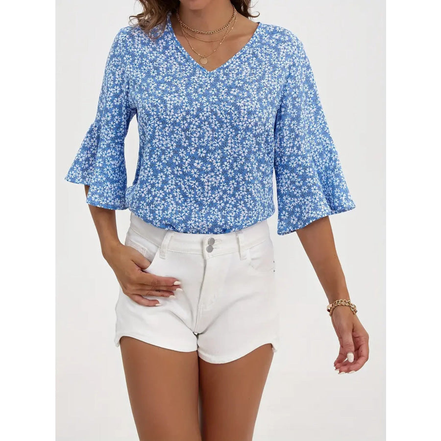 Floral Print V-Neck Bell Sleeve Blouse Apparel and Accessories