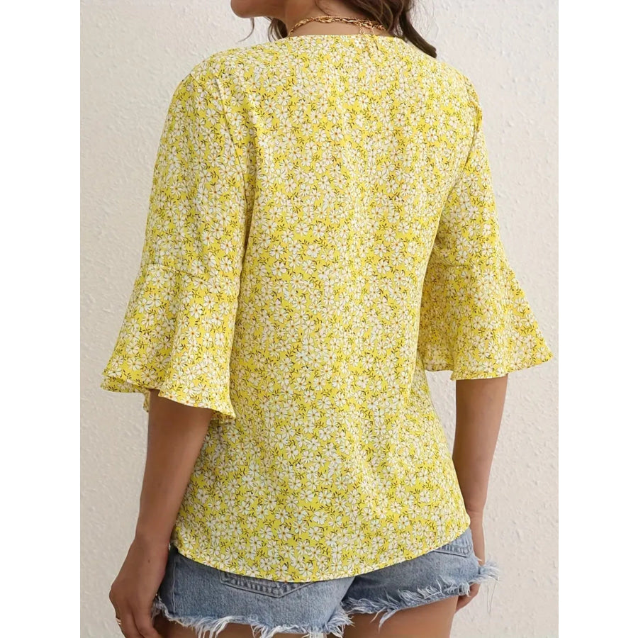 Floral Print V-Neck Bell Sleeve Blouse Apparel and Accessories