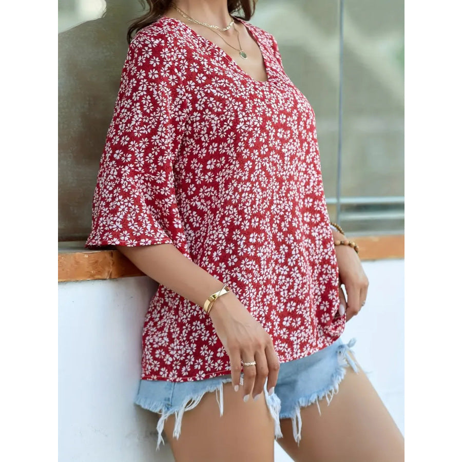 Floral Print V-Neck Bell Sleeve Blouse Apparel and Accessories