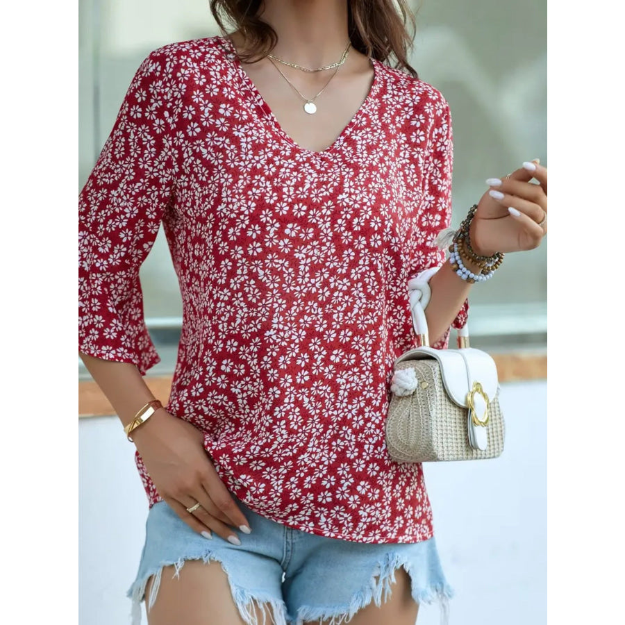 Floral Print V-Neck Bell Sleeve Blouse Apparel and Accessories