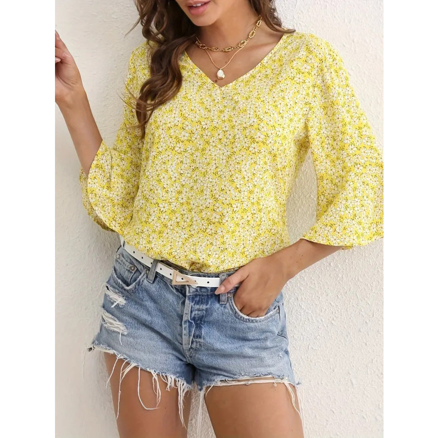 Floral Print V-Neck Bell Sleeve Blouse Apparel and Accessories