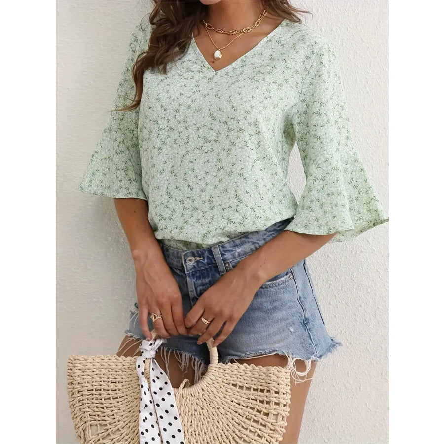 Floral Print V-Neck Bell Sleeve Blouse Apparel and Accessories