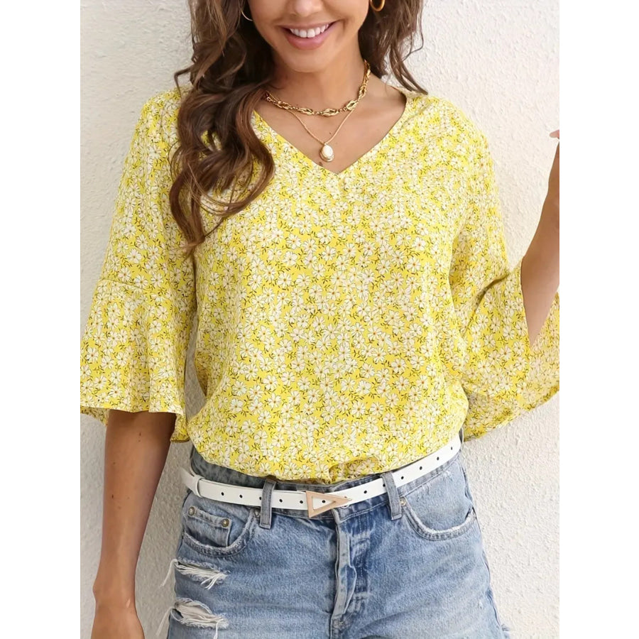Floral Print V-Neck Bell Sleeve Blouse Apparel and Accessories