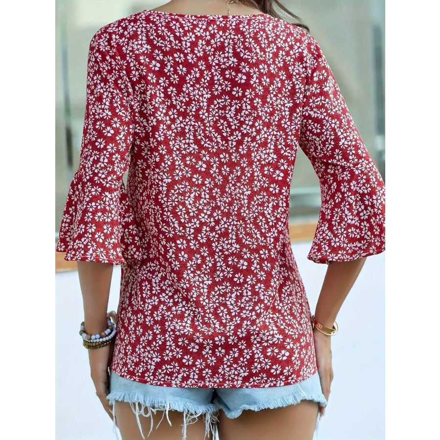 Floral Print V-Neck Bell Sleeve Blouse Apparel and Accessories