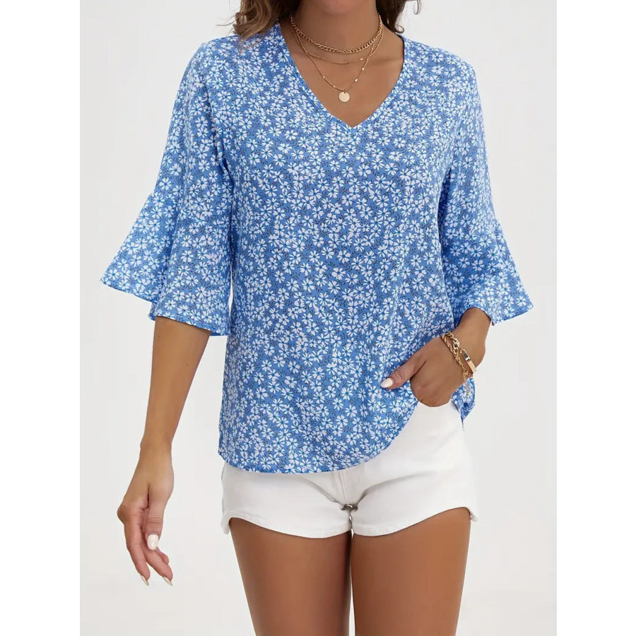 Floral Print V-Neck Bell Sleeve Blouse Apparel and Accessories
