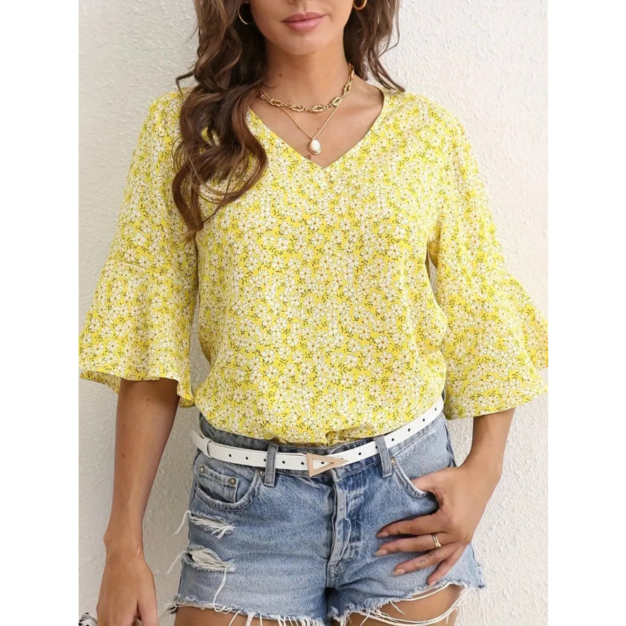 Floral Print V-Neck Bell Sleeve Blouse Apparel and Accessories