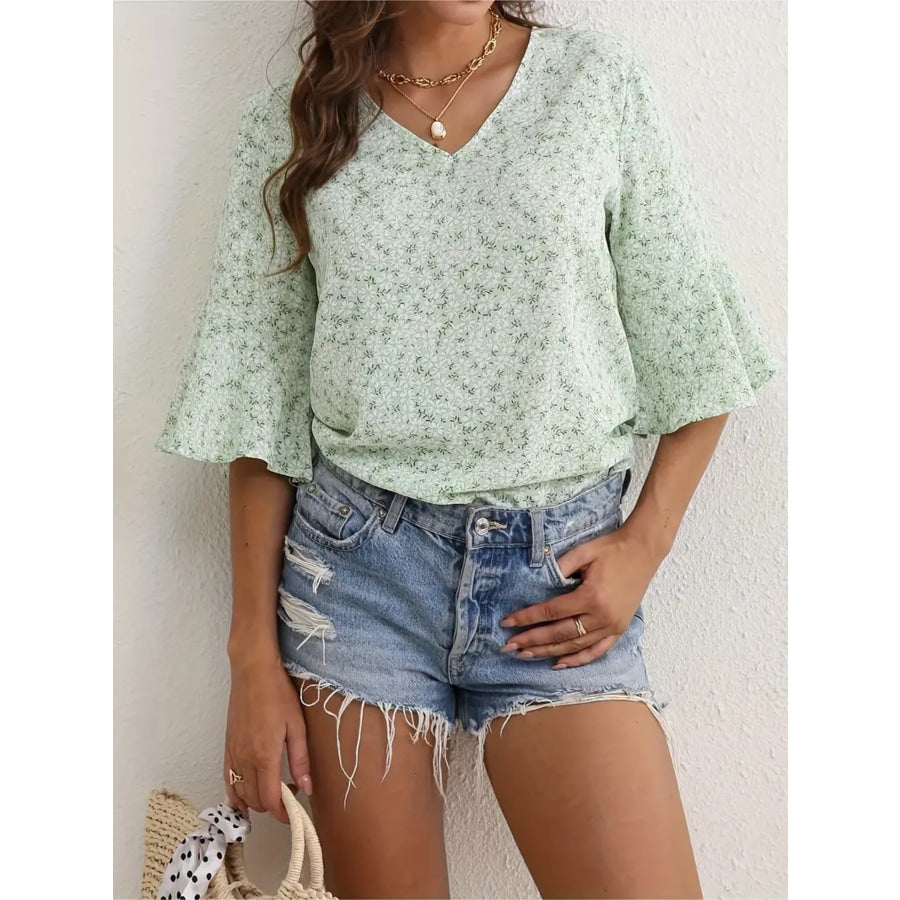 Floral Print V-Neck Bell Sleeve Blouse Green / S Apparel and Accessories