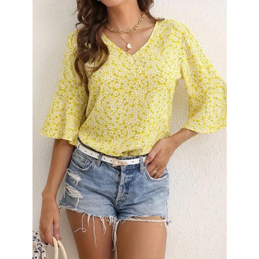 Floral Print V-Neck Bell Sleeve Blouse Yellow / S Apparel and Accessories