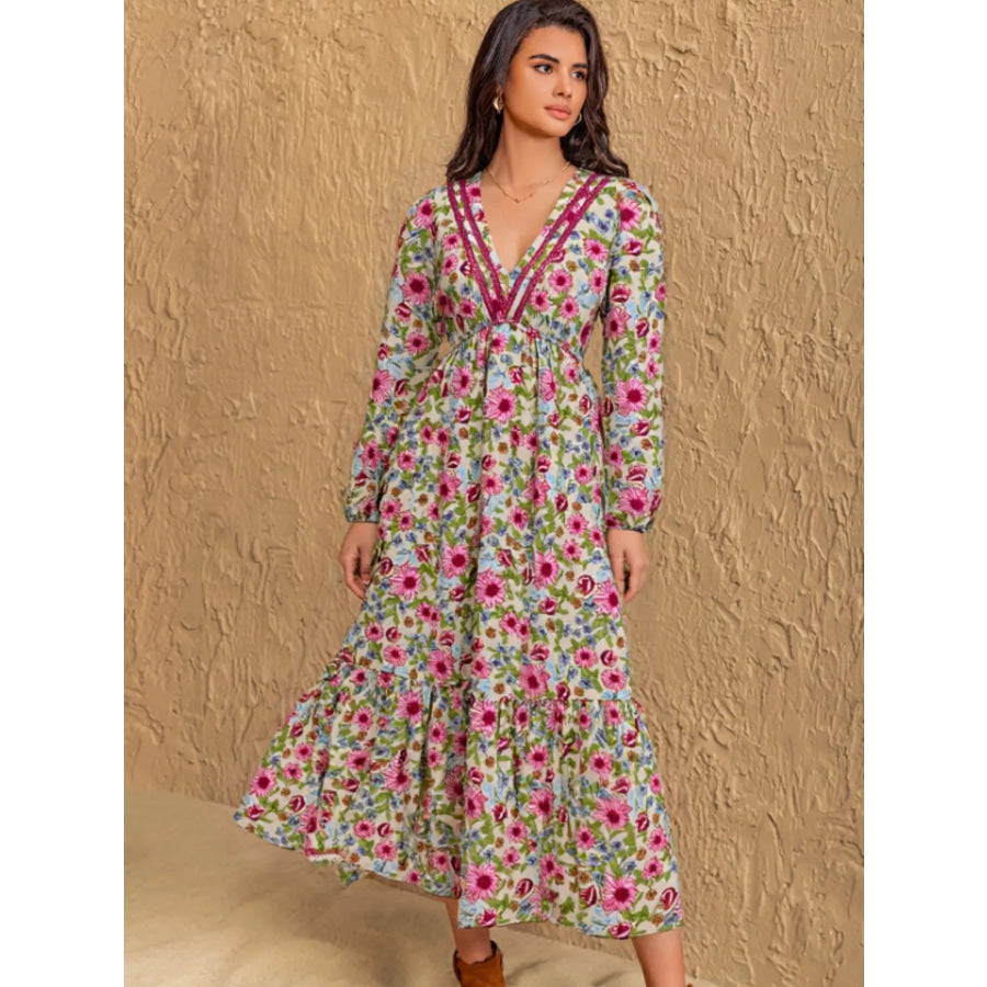 Floral Print V-Neck Bohemian Midi Dress Floral / S Apparel and Accessories