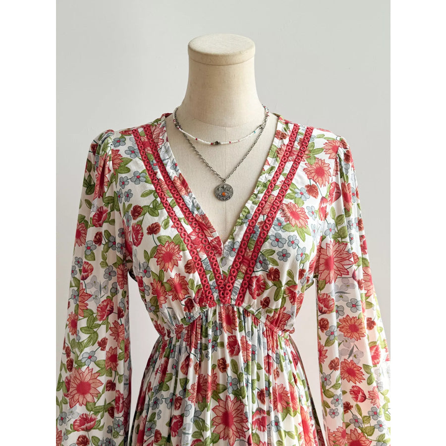 Floral Print V-Neck Bohemian Midi Dress Apparel and Accessories