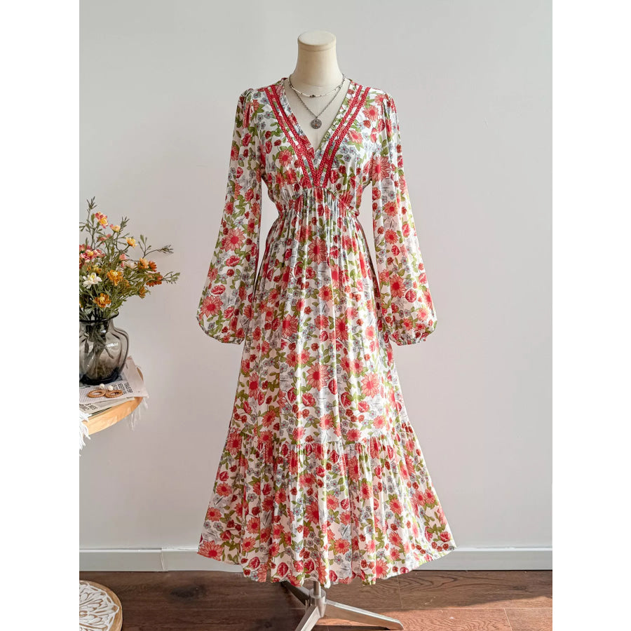 Floral Print V-Neck Bohemian Midi Dress Floral / S Apparel and Accessories
