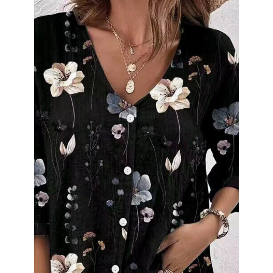 Floral Print V-Neck Button-Down Shirt Apparel and Accessories