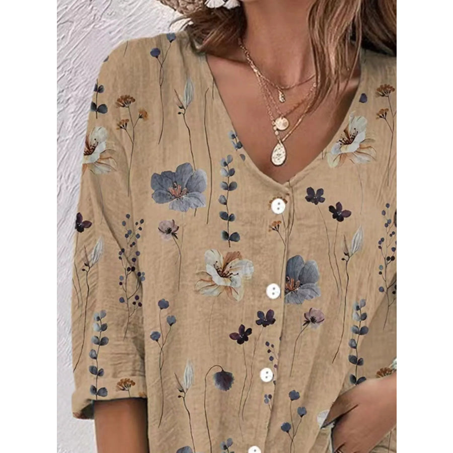 Floral Print V-Neck Button-Down Shirt Apparel and Accessories