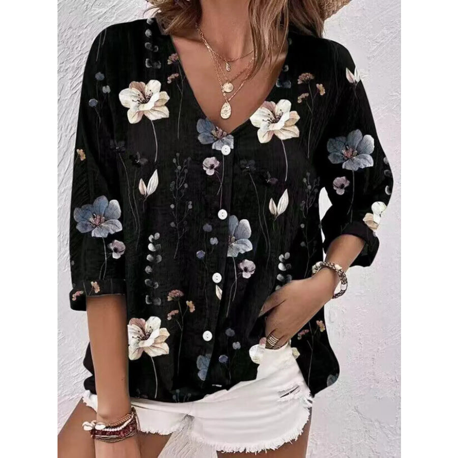 Floral Print V-Neck Button-Down Shirt Black / S Apparel and Accessories