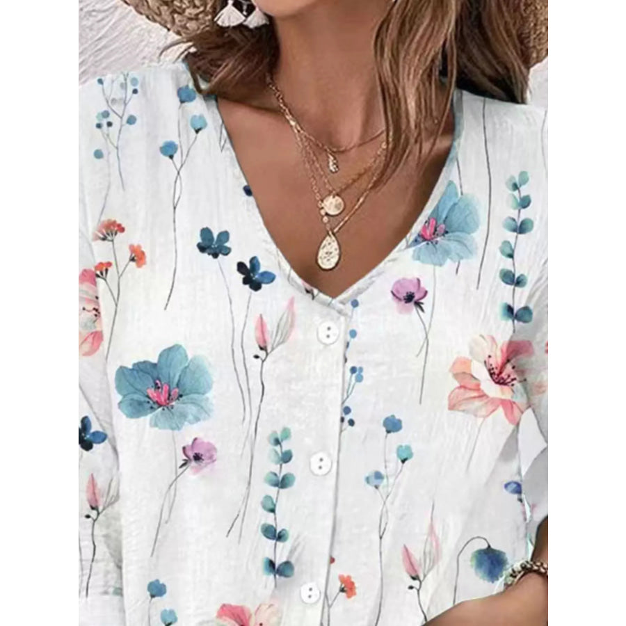 Floral Print V-Neck Button-Down Shirt Dusty Blue / S Apparel and Accessories