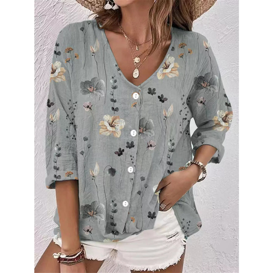 Floral Print V-Neck Button-Down Shirt Gray / S Apparel and Accessories