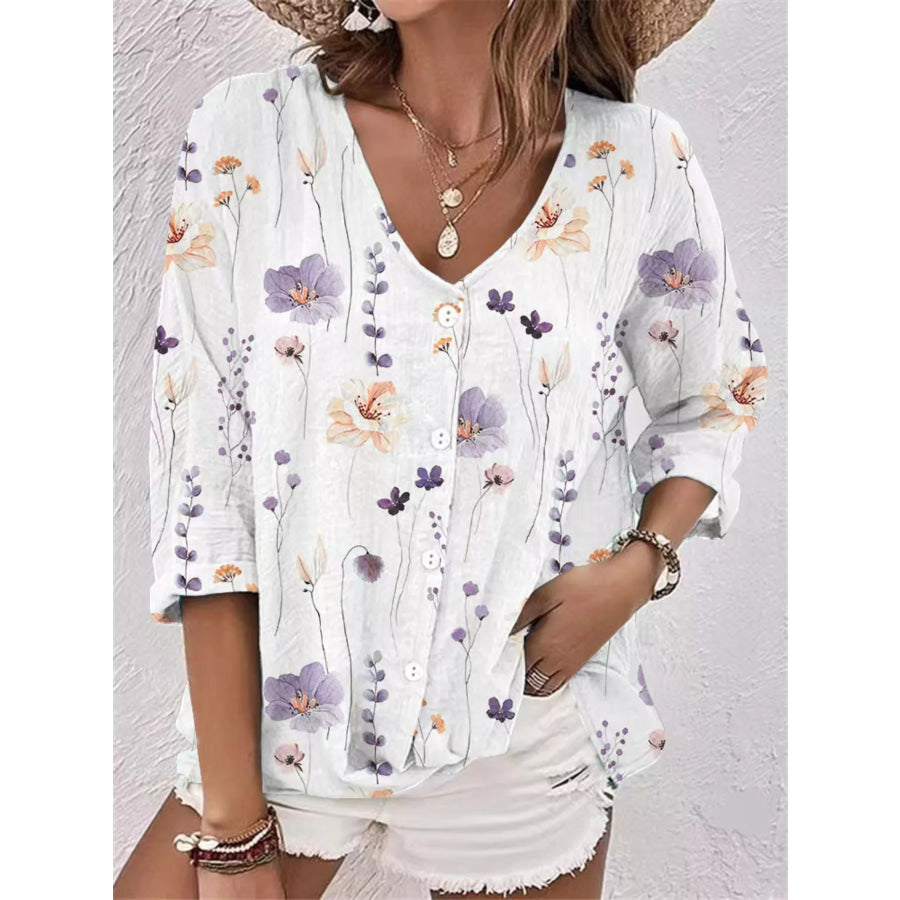 Floral Print V-Neck Button-Down Shirt Lilac / S Apparel and Accessories
