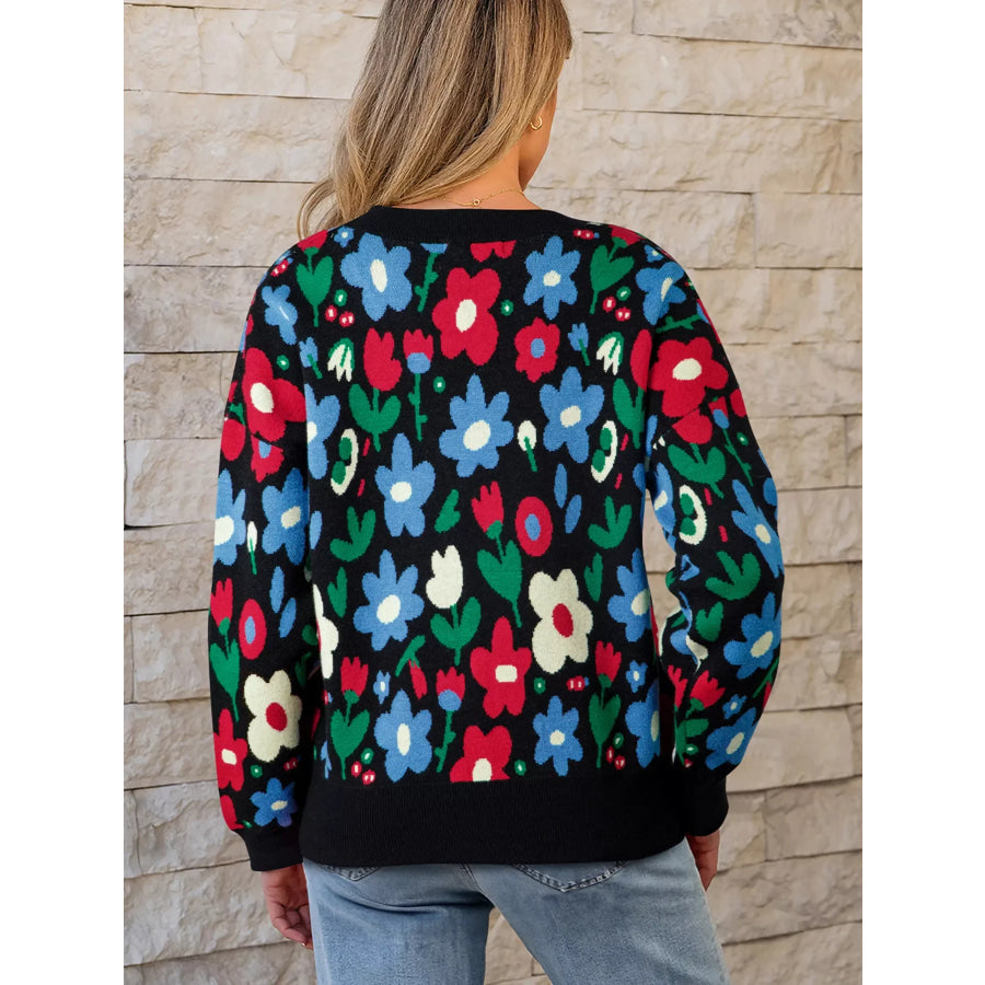 Floral Print V Neck Buttoned Cardigan Apparel and Accessories