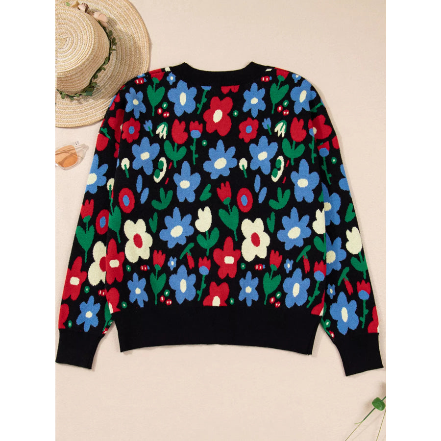 Floral Print V Neck Buttoned Cardigan Apparel and Accessories