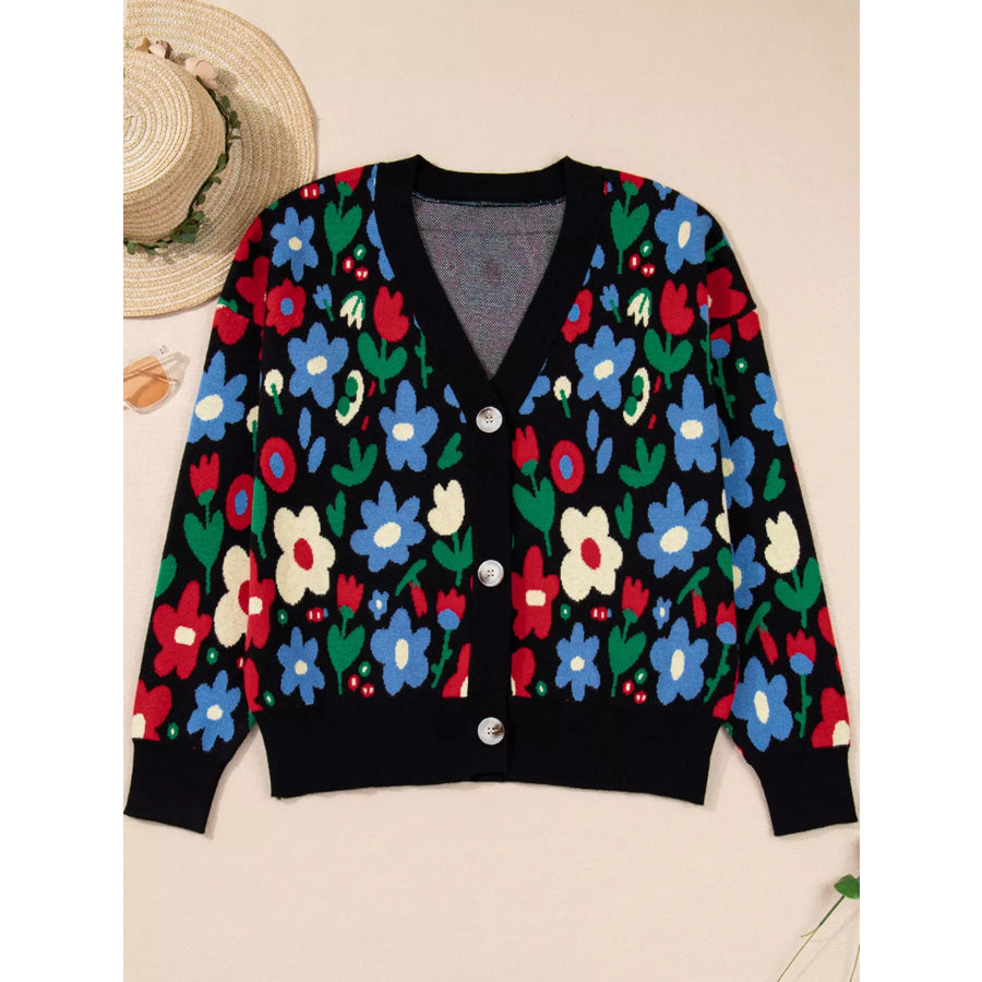 Floral Print V Neck Buttoned Cardigan Apparel and Accessories