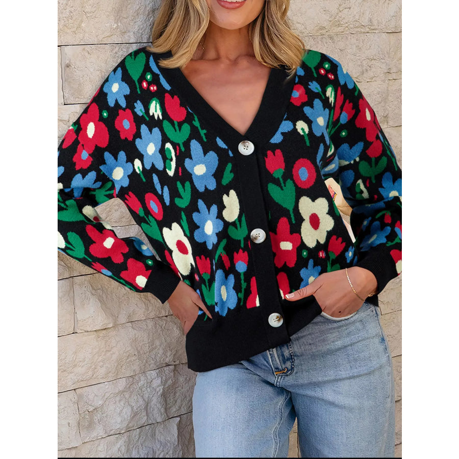 Floral Print V Neck Buttoned Cardigan Black / S Apparel and Accessories