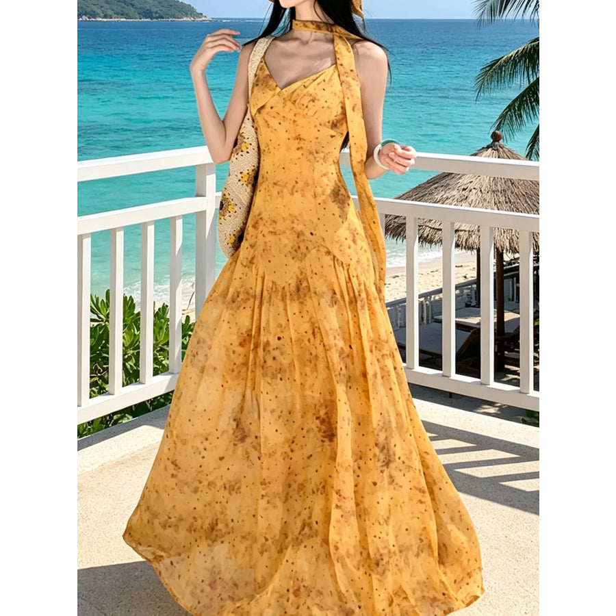 Floral Print V-Neck Cami Dress with Scarf Apparel and Accessories