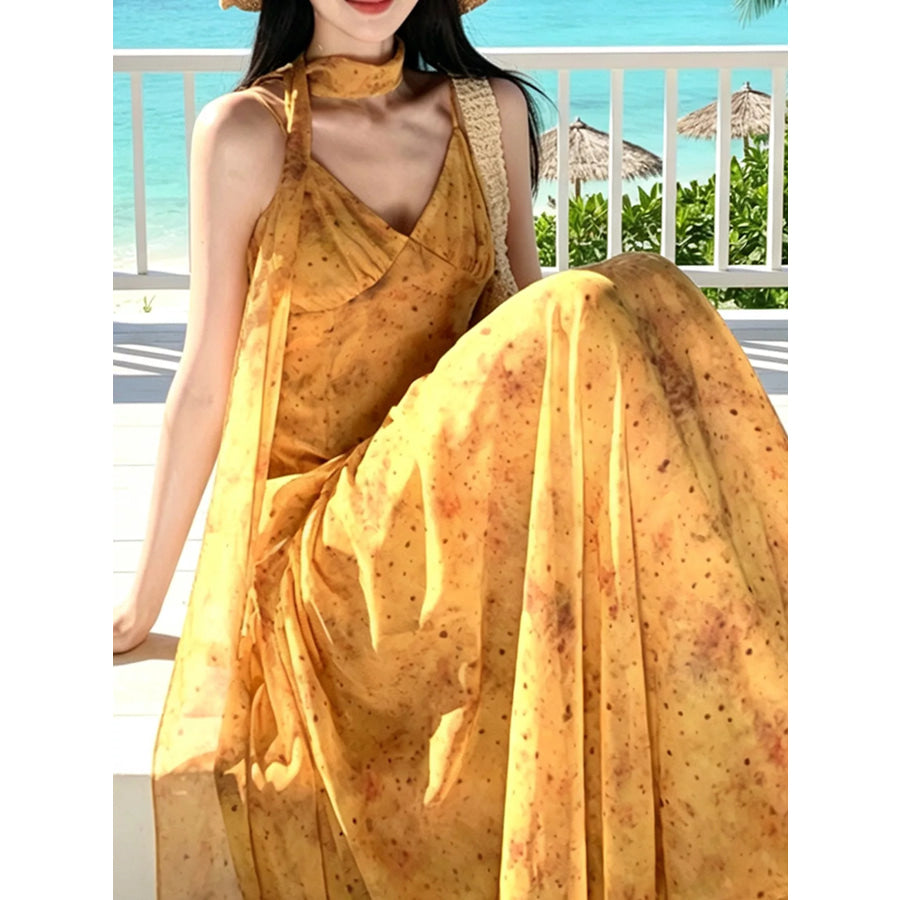 Floral Print V-Neck Cami Dress with Scarf Apparel and Accessories