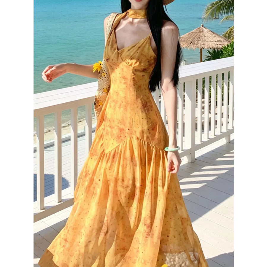 Floral Print V-Neck Cami Dress with Scarf Yellow / M Apparel and Accessories