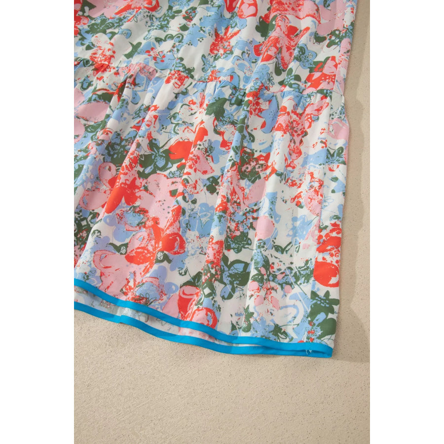 Floral Print V Neck Contrast Trim Flutter Sleeve Long Dress Apparel and Accessories