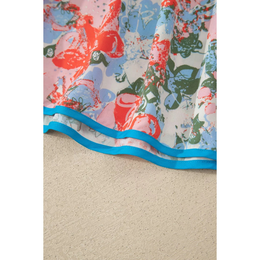 Floral Print V Neck Contrast Trim Flutter Sleeve Long Dress Apparel and Accessories