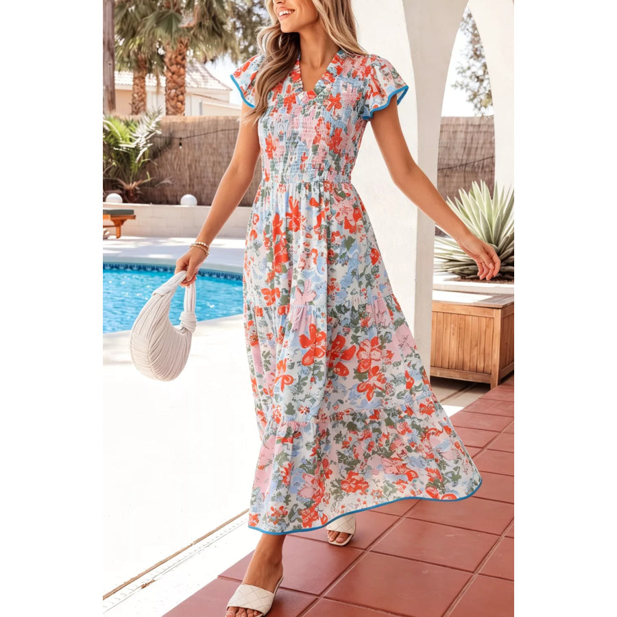 Floral Print V Neck Contrast Trim Flutter Sleeve Long Dress Apparel and Accessories