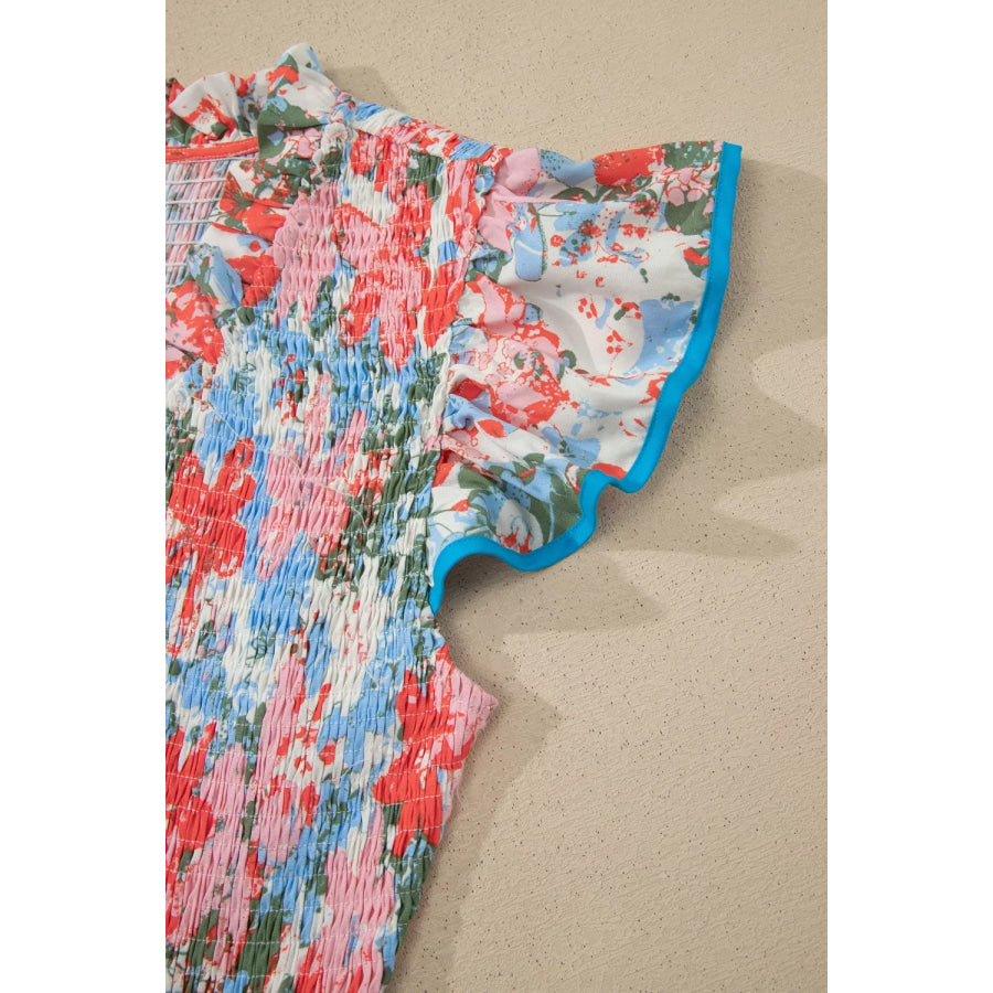 Floral Print V Neck Contrast Trim Flutter Sleeve Long Dress Apparel and Accessories