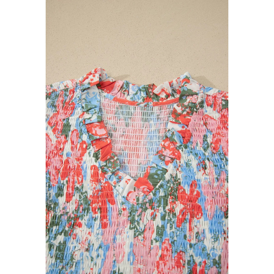 Floral Print V Neck Contrast Trim Flutter Sleeve Long Dress Apparel and Accessories