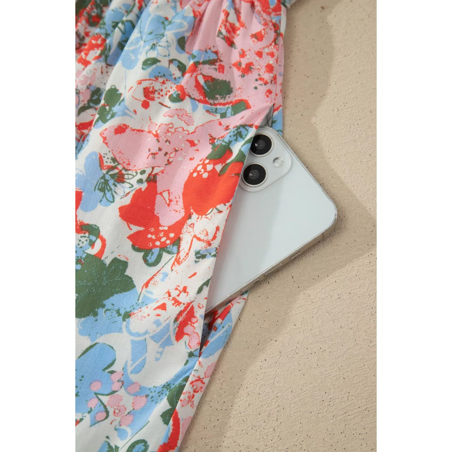 Floral Print V Neck Contrast Trim Flutter Sleeve Long Dress Apparel and Accessories