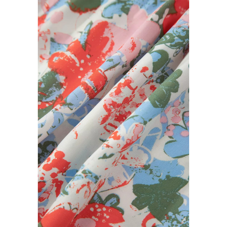 Floral Print V Neck Contrast Trim Flutter Sleeve Long Dress Apparel and Accessories