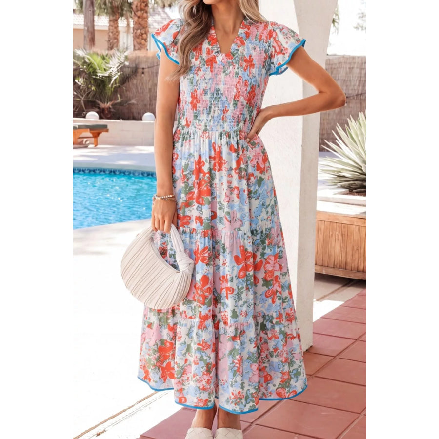 Floral Print V Neck Contrast Trim Flutter Sleeve Long Dress Apparel and Accessories