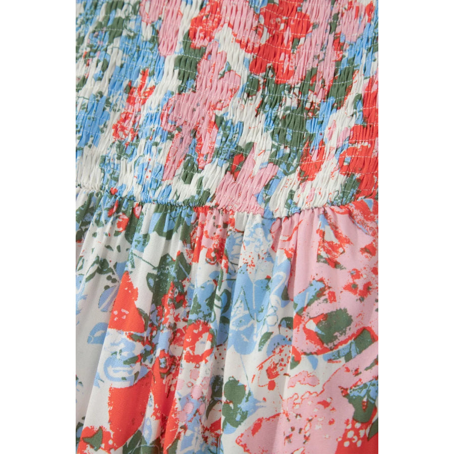 Floral Print V Neck Contrast Trim Flutter Sleeve Long Dress Apparel and Accessories