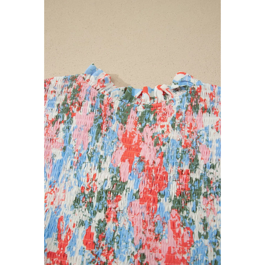 Floral Print V Neck Contrast Trim Flutter Sleeve Long Dress Apparel and Accessories