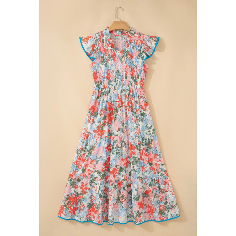 Floral Print V Neck Contrast Trim Flutter Sleeve Long Dress Apparel and Accessories