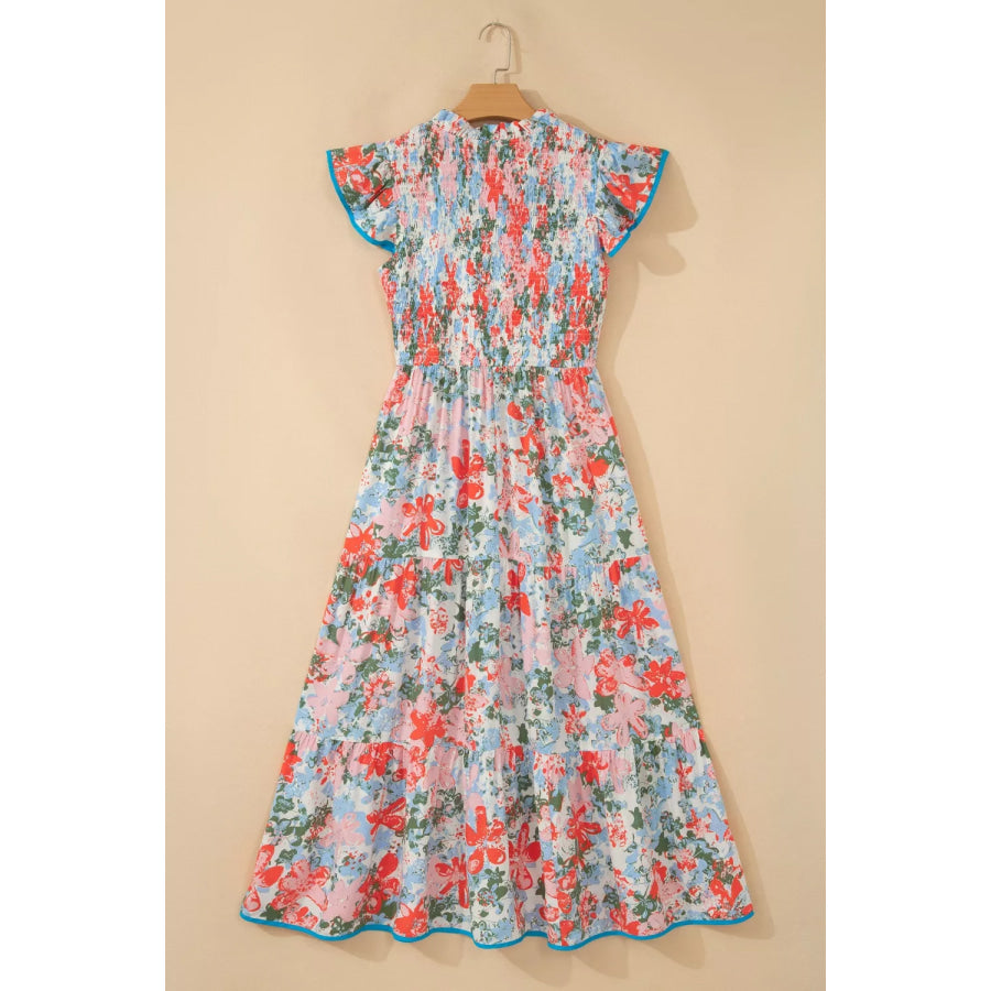 Floral Print V Neck Contrast Trim Flutter Sleeve Long Dress Apparel and Accessories