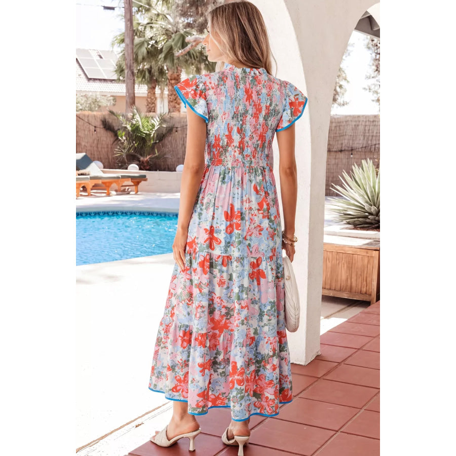 Floral Print V Neck Contrast Trim Flutter Sleeve Long Dress Floral / S Apparel and Accessories