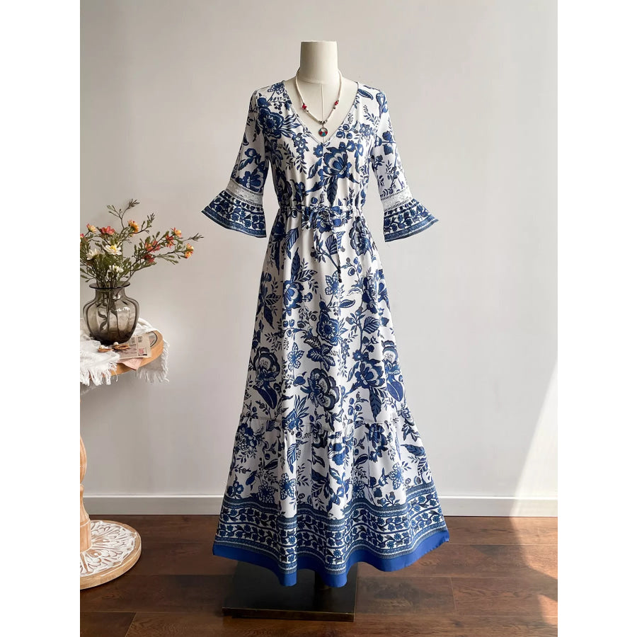 Floral Print V-Neck Flounce Sleeve Dress Apparel and Accessories