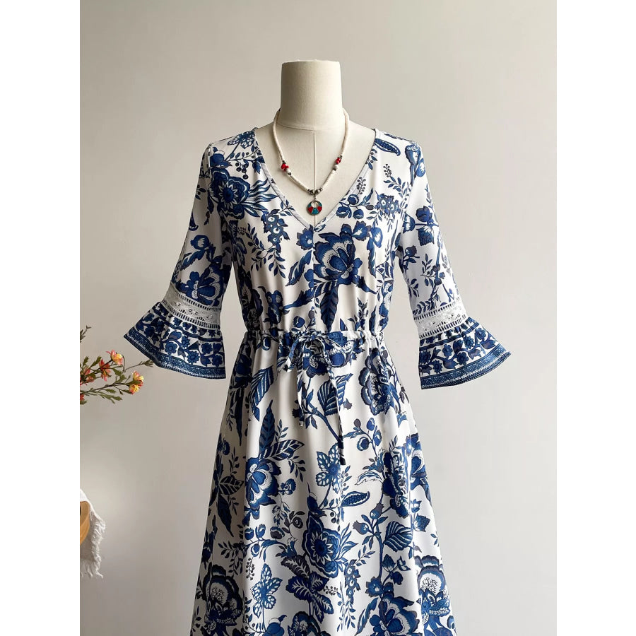 Floral Print V-Neck Flounce Sleeve Dress Apparel and Accessories