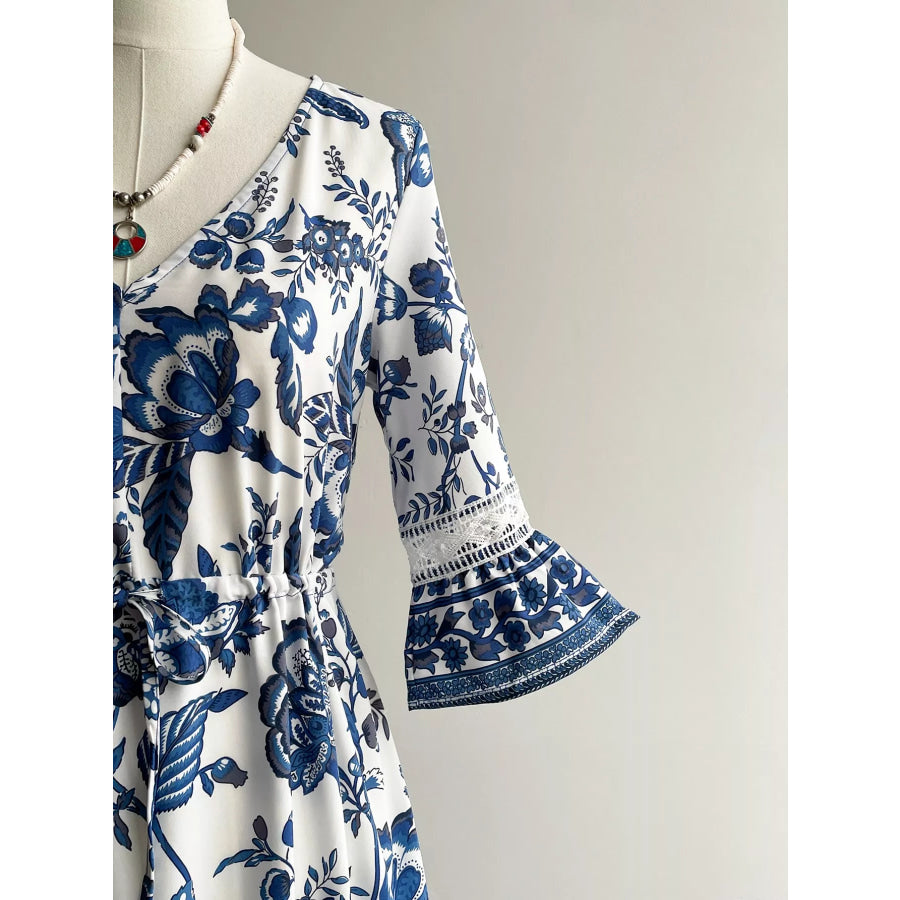 Floral Print V-Neck Flounce Sleeve Dress Apparel and Accessories